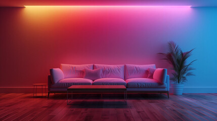 Sticker - Modern living room and white sofa with line and hidden neon light, modern and minimalist neon theme design