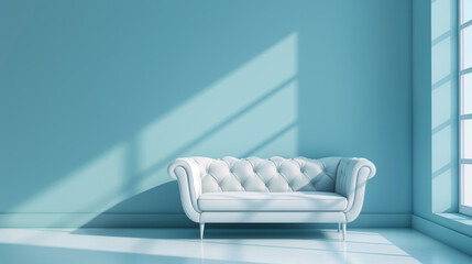 Poster - Minimalist living room and white sofa with a blue wall and a window