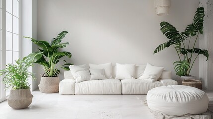 Wall Mural - White sofa located in the living room with white walls and green plants. The room is light and airy, with lots of natural light coming in through the window