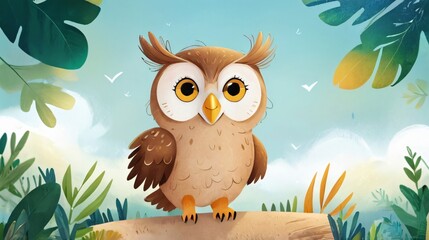 Wall Mural - drawing of cute wild owl in nature
