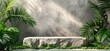 © Aquir - Natural rock pedestal with tropical palm leafs and concrete wall in the background. Stone podium mockup. Scene stage decoration for promotion sale or advertising of beauty and spa products