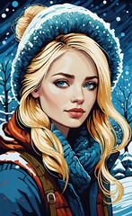 Wall Mural - Portrait of a blonde hair caucasian young woman with winter theme isolated on blue background.