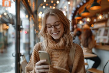 Poster - Woman smiling glasses phone cafe