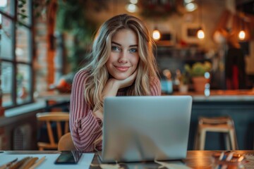 Poster - Woman smiling at table with laptop