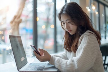 Canvas Print - Female sitting, phone in hand