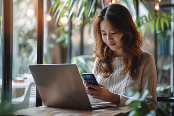 Canvas Print - Female at desk texting on smartphone