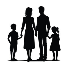 A black and white silhouette depicting a family, consisting of two adults and two children.