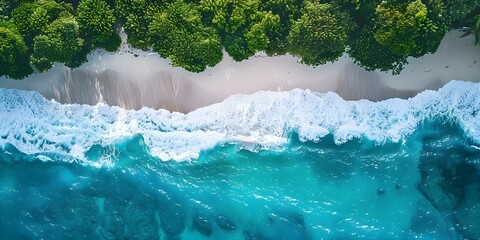 Wall Mural - Aerial drone view of ocean waves on tropical beach island. Concept Aerial Photography, Ocean Waves, Tropical Beach, Island Views, Drone Footage