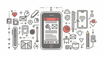 Illustration of mobile devices and related icons depicting modern communication and technology. Includes symbols like email, Bluetooth, phone, and messaging.