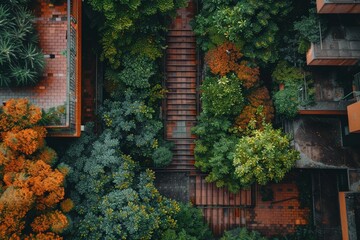 Wall Mural - Aerial view of garden with stairs, trees in scenic landscape