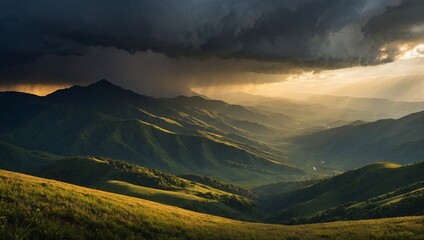 Wall Mural - Cloudy sunset in the mountains