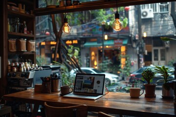 Canvas Print - Laptop on restaurant table overlooking street