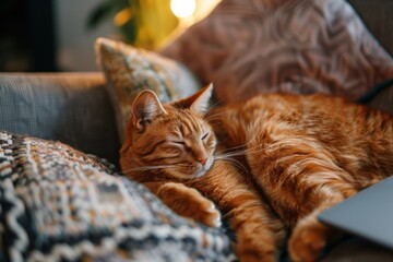 Canvas Print - Cat resting on couch with laptop