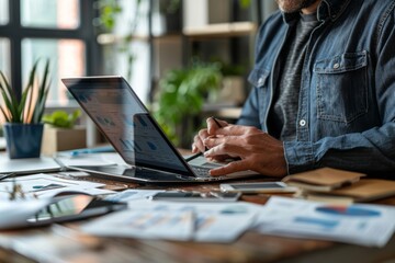 Canvas Print - Person typing on laptop at wooden table