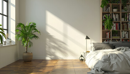 Wall Mural - Bedroom interior with bed, bookcase, and indoor plants near a wh