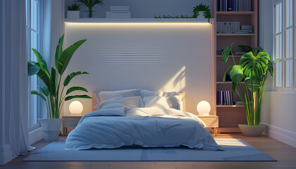 Wall Mural - Bedroom interior with bed, bookcase, and indoor plants near a wh