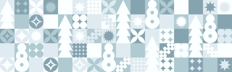 Geometric seamless pattern with winter blue patterns, Christmas trees in Scandinavian style. New Year's fashionable color pattern for textiles and wallpaper, gift design trend.