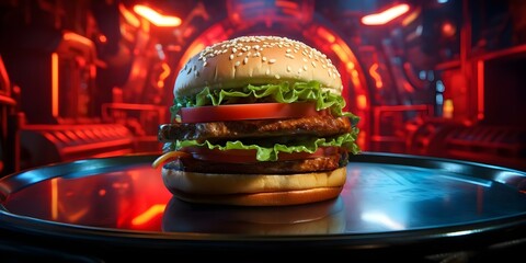 Wall Mural - Vibrant digital effect burger on red background in futuristic restaurant setting. Concept Vibrant Burger, Digital Effect, Red Background, Futuristic Restaurant, Food Photography