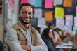 © Sandu - Man smiles, glasses, tan vest, post-its wall