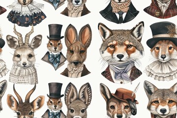 Wall Mural - Seamless pattern of different forest animals dressed in victorian era clothing, isolated on white background illustration