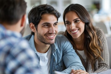 Wall Mural - Couple happy table papers laptop