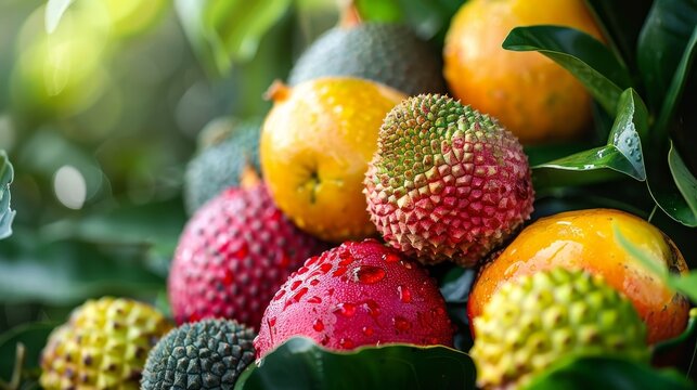 Close-up of colorful fruits, including lychees, mangoes, and avocado, nestled amongst vibrant green foliage, summer vacation.