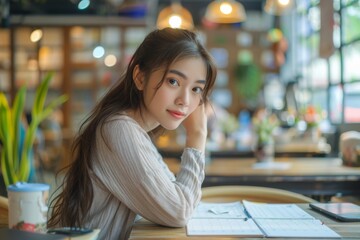 Wall Mural - Woman using laptop at table