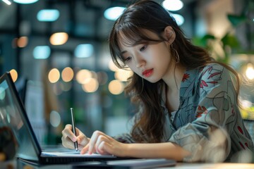 Wall Mural - Woman working at desk with laptop and pen