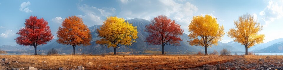 Canvas Print - Colorful trees in a field with mountains in the background