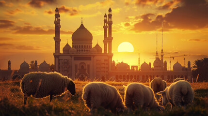 A sheep grazing in front of a mosque at sunset. Eid al Adha Islamic religious festival