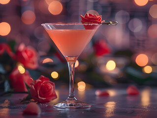 The classic martini with its pale pink hue, is adorned with a flower garnish. The glass is placed on a wooden counter,