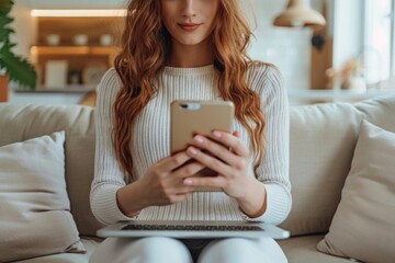 Canvas Print - Female on sofa with mobile