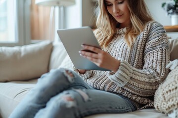 Canvas Print - Female on sofa utilizing tablet device