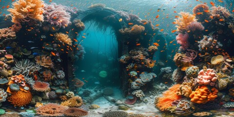 Wall Mural - A vibrant coral reef in the ocean teeming with fish and colorful corals