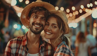 Wall Mural - Brazilian couple wearing traditional clothes for Festa Junina.  Summer, night, street city,  Garland. Traditional holiday concept.