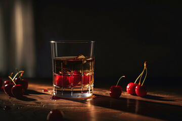 Wall Mural - a glass of alcohol with cherries on a table