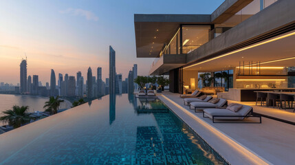 Wall Mural - Sleek house with rooftop infinity pool overlooking city skyline