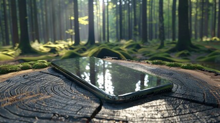 Wall Mural - Digital Escape 3D Render of Smartphone with Serene Forest Display on Polished Wood Technology Nature and Tranquility Concept