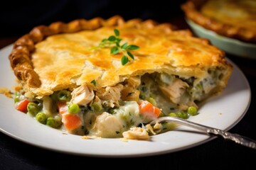 savory chicken pot pie with a golden brown crust, filled with a rich and creamy chicken and vegetable filling, on a white dinner table.