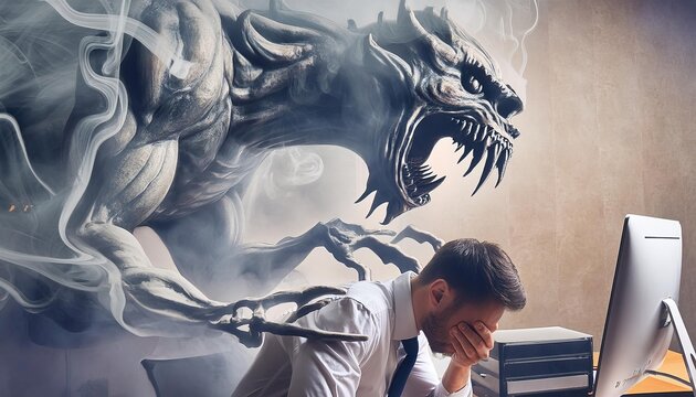 A ghostly monster with sharp teeth and swirling smoke for a body looms over a slumped businessman at his computer, embodying the crushing weight of workplace stress and burnout. 