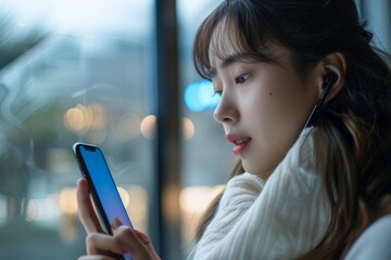 Poster - Asian female using smartphone with headphones