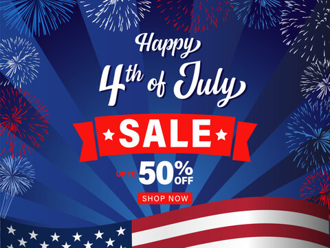Happy 4th of July SALE banner, up to 50% off text and fireworks. Happy Independence Day of USA, discount poster. Vector illustration