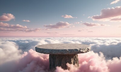 Wall Mural - Stone podium on pink clouds background