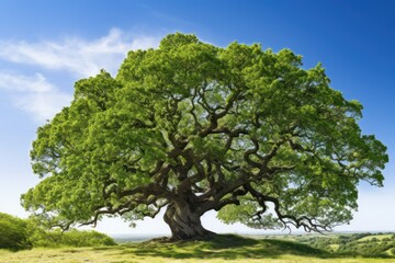 Wall Mural - majestic oak tree with its gnarled branches and lush green leaves standing tall against a clear blue