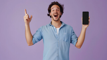 Wall Mural - Full body young happy man wear blue shirt casual clothes big huge blank screen mobile cell phone smartphone with area do winner gesture isolated on plain pastel purple background. Lifestyle concept