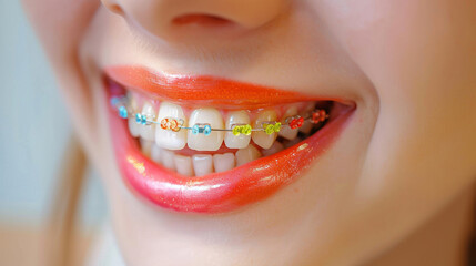 Close-up of the smile of a teenage girl with bright multi-colored shiny braces on healthy white teeth, teenager dentistry concept