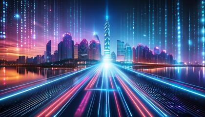 Futuristic digital cityscape featuring glowing skyscrapers and streams of binary code, symbolizing the convergence of advanced technology and urban life in a vibrant, cyberpunk environment.	