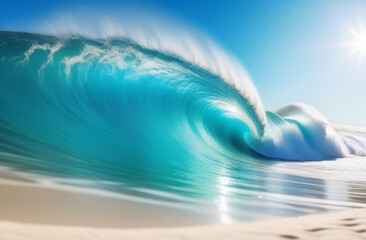 A big ocean blue wave. Beautiful seascape, turquoise ocean water, tsunami approaching the paradise coast