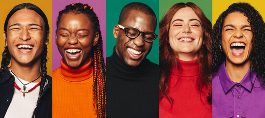 Group of joyful generation z people laughing against colorful backgrounds