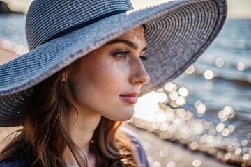 Wall Mural - Summer vacation on the beach, Close-up of a beautiful woman in a straw hat. Summer time. Rest and vacation, a place to copy.